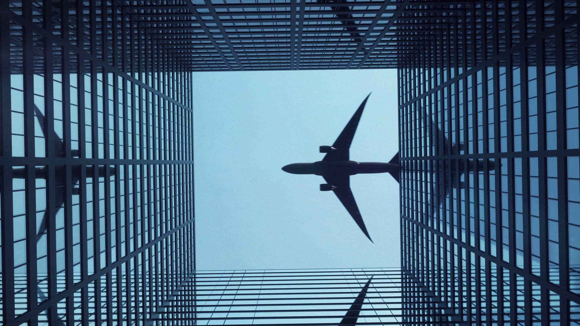 Airplane flies over office skyscrapers against a beautiful blue sky, 3d rendering